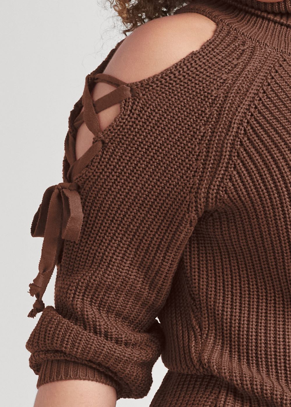 Venus Plus Size Cold Shoulder Turtleneck Sweater in Brown