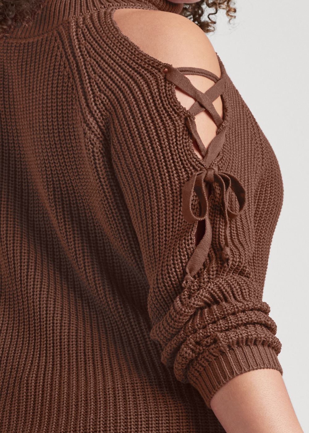 Venus Plus Size Cold Shoulder Turtleneck Sweater in Brown