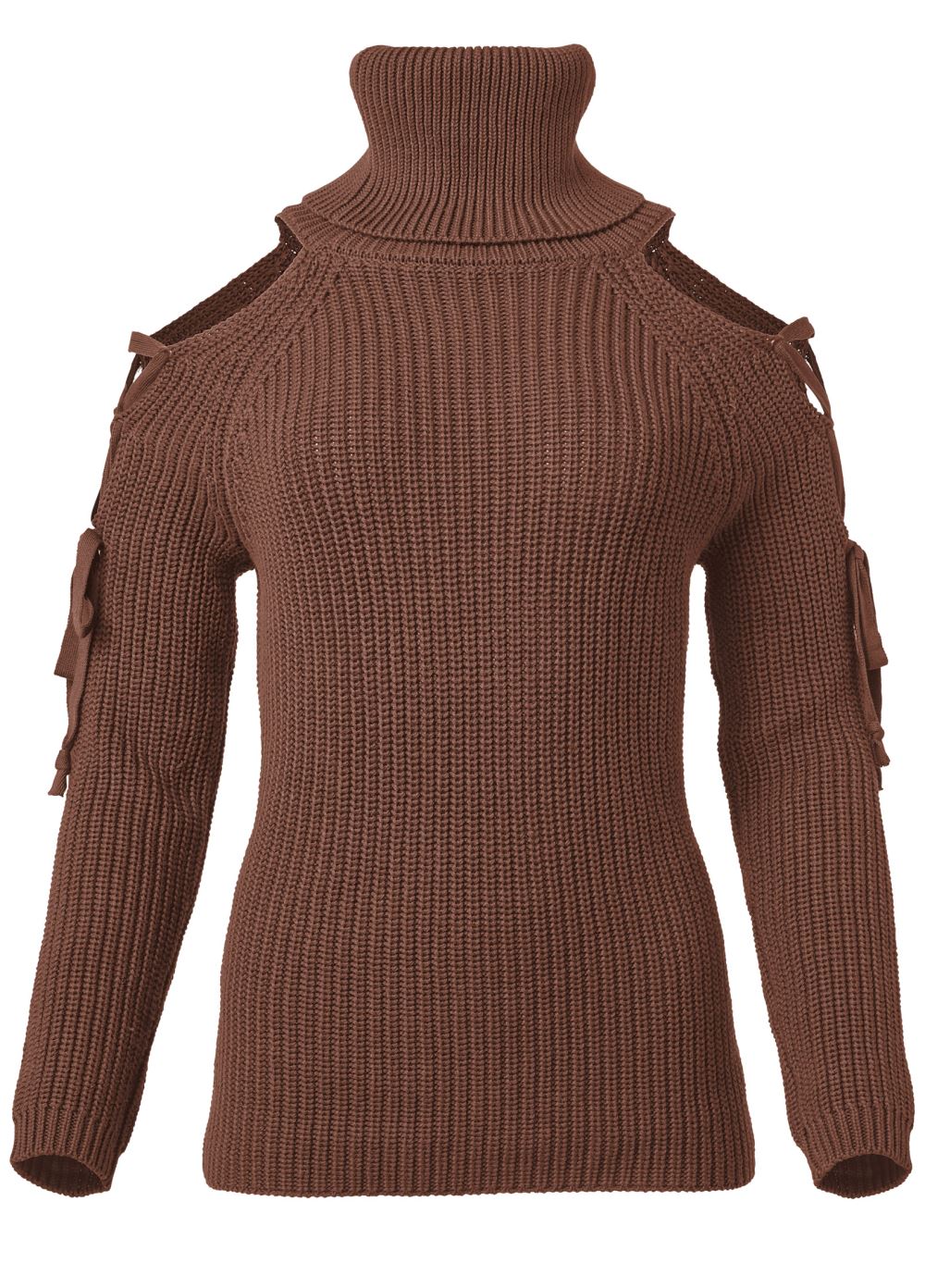 Venus Plus Size Cold Shoulder Turtleneck Sweater in Brown