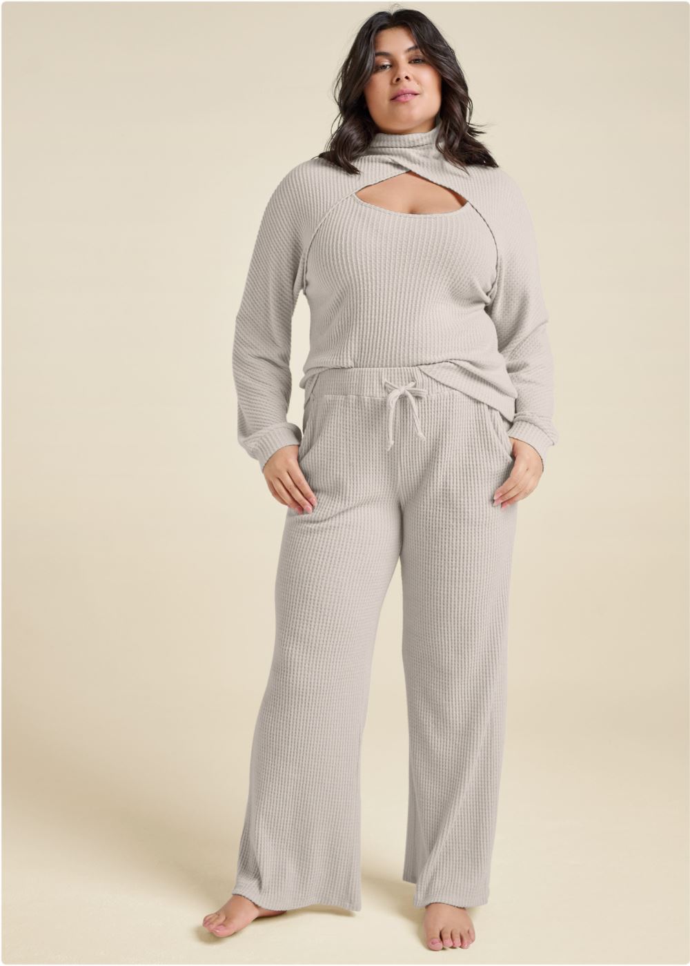 Venus Plus Size Wrap Turtleneck Keyhole Top in Oatmeal