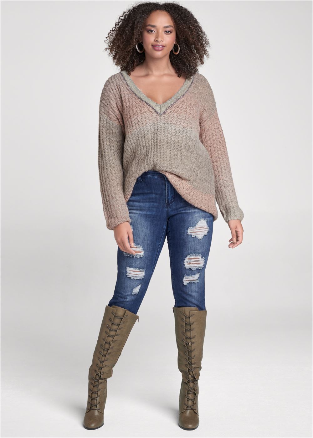 Venus Plus Size Ombre Knit V-Neck Sweater in Pink Multi