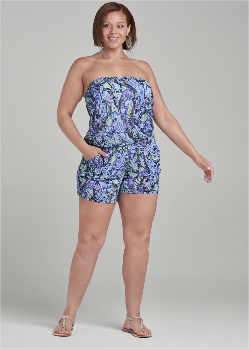 Venus Plus Size Paisley Printed Romper in Blue Multi