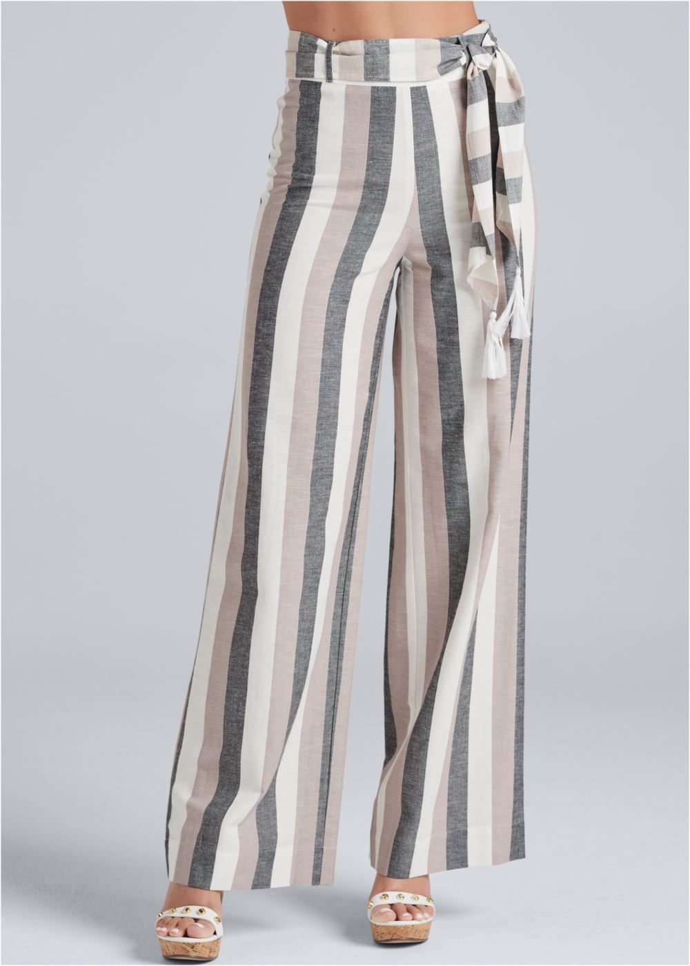 Venus Plus Size Striped Wide Leg Linen Pants With Self Belt in White Multi