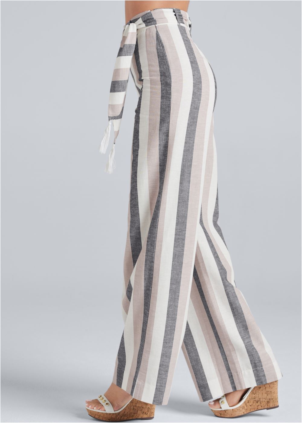 Venus Plus Size Striped Wide Leg Linen Pants With Self Belt in White Multi