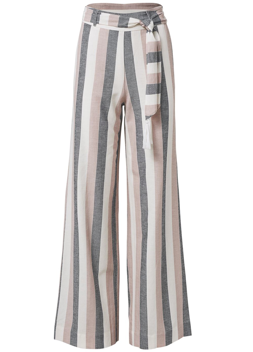 Venus Plus Size Striped Wide Leg Linen Pants With Self Belt in White Multi