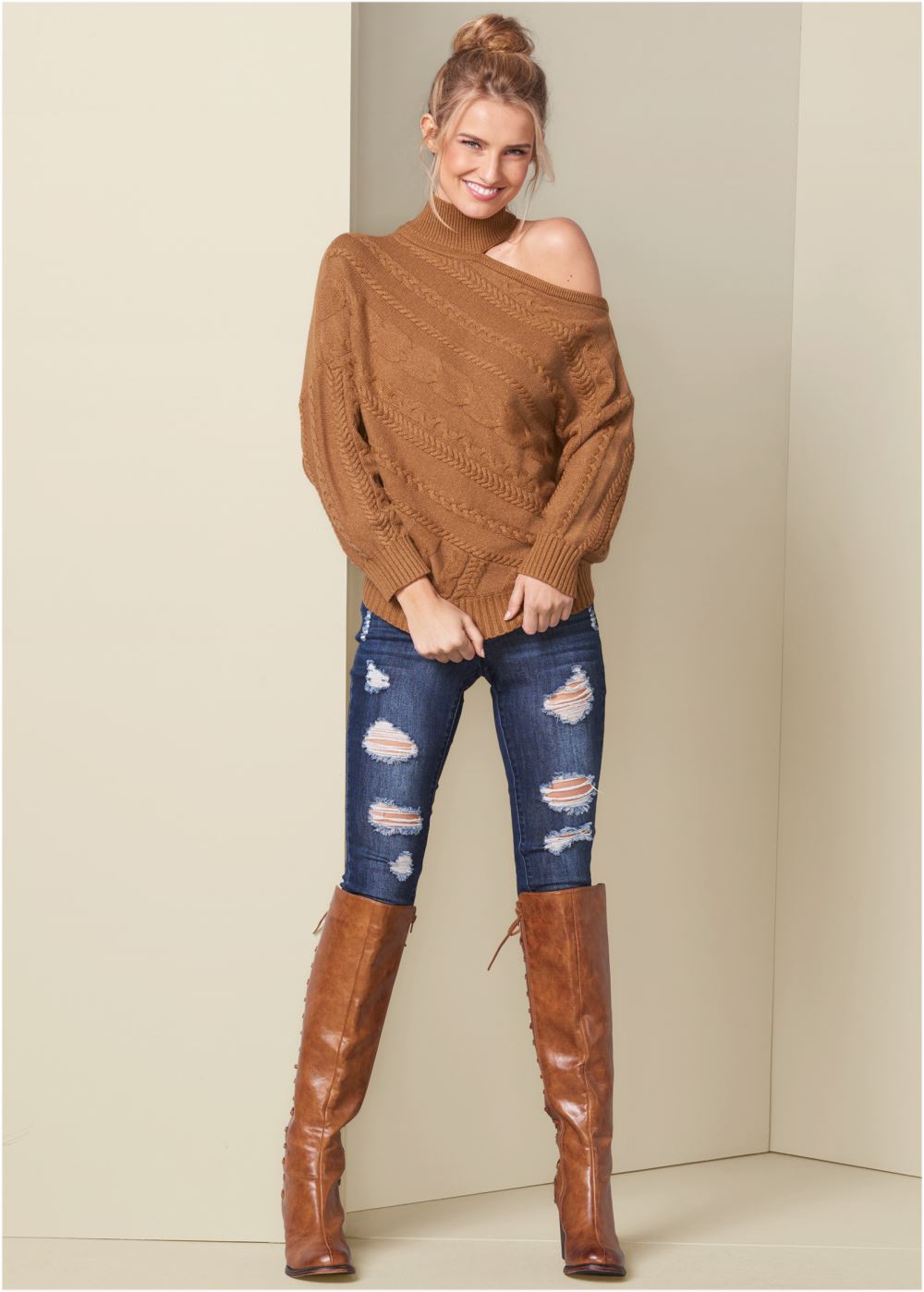 Venus Plus Size One-Shoulder Turtleneck Sweater in Black