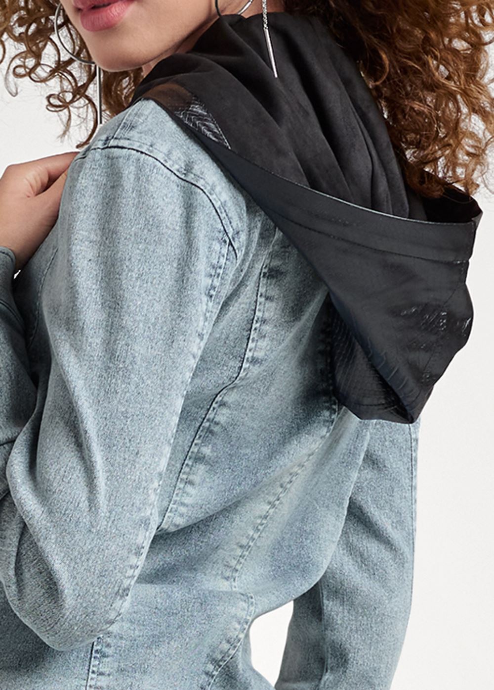 Venus Denim Blazer With Faux Leather Hood in Medium Wash