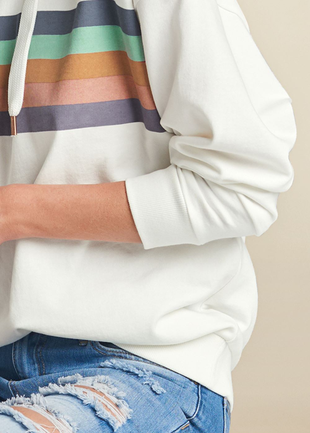 Venus Plus Size Striped Detail Sweatshirt in White Multi