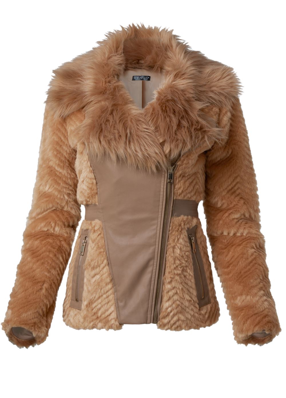 Venus Faux-Fur Side Zip Coat in Tan