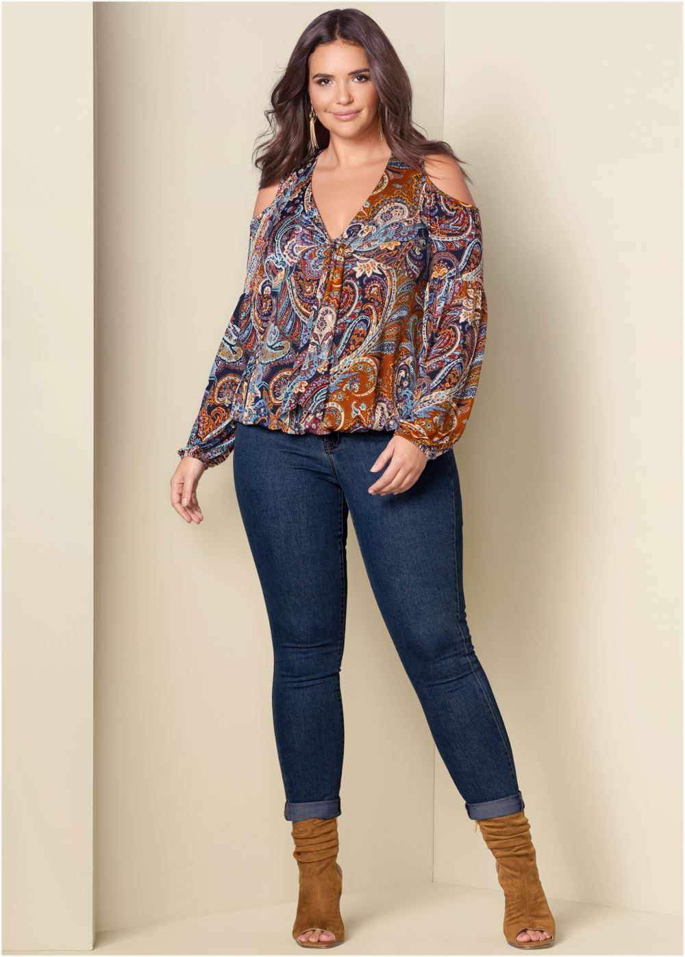 Venus Orange Multi Cold-shoulder paisley top