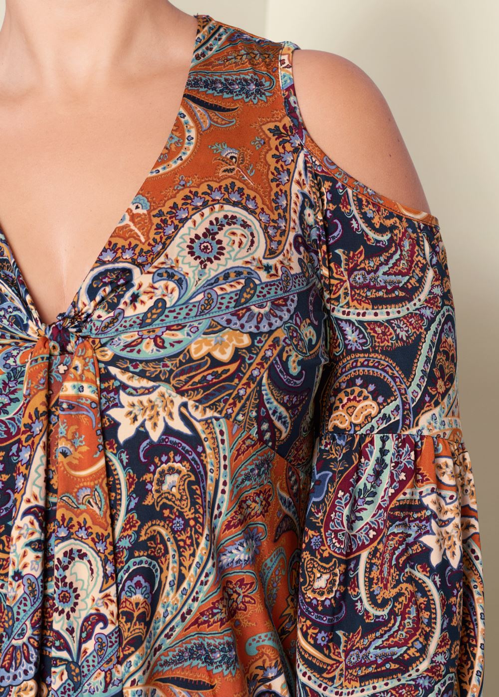 Venus Orange Multi Cold-shoulder paisley top