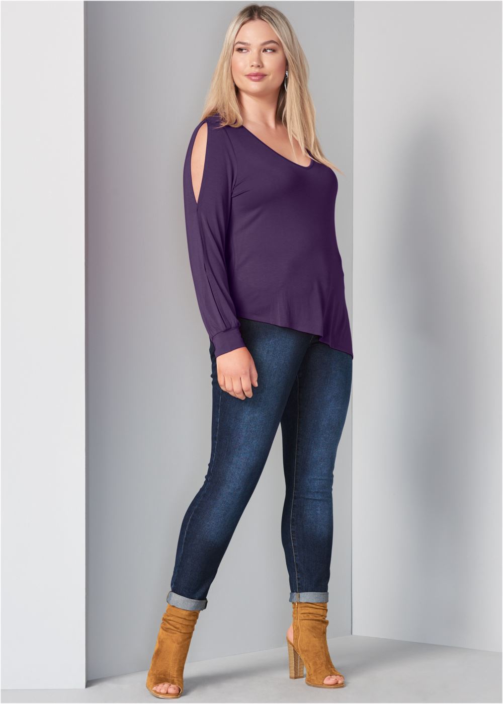 Venus Dark Purple V-NECK COLD-SHOULDER TOP