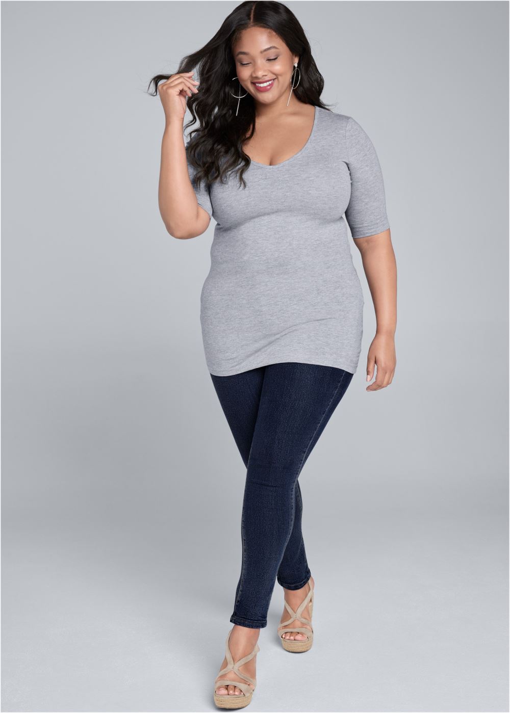 Venus Light Heather Grey Long And Lean V-Neck Tee