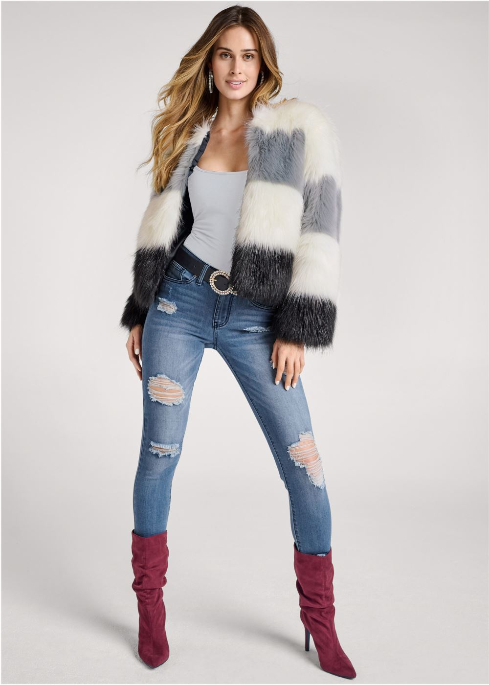Venus Striped Faux Fur Coat in White Multi