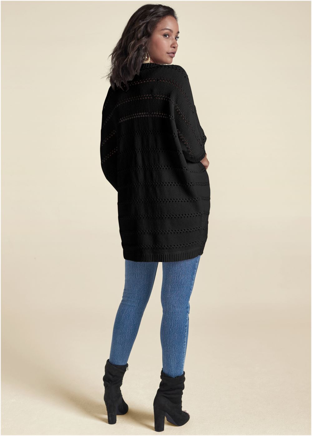 Venus Plus Size Pointelle Stitch Cocoon Cardigan in Black