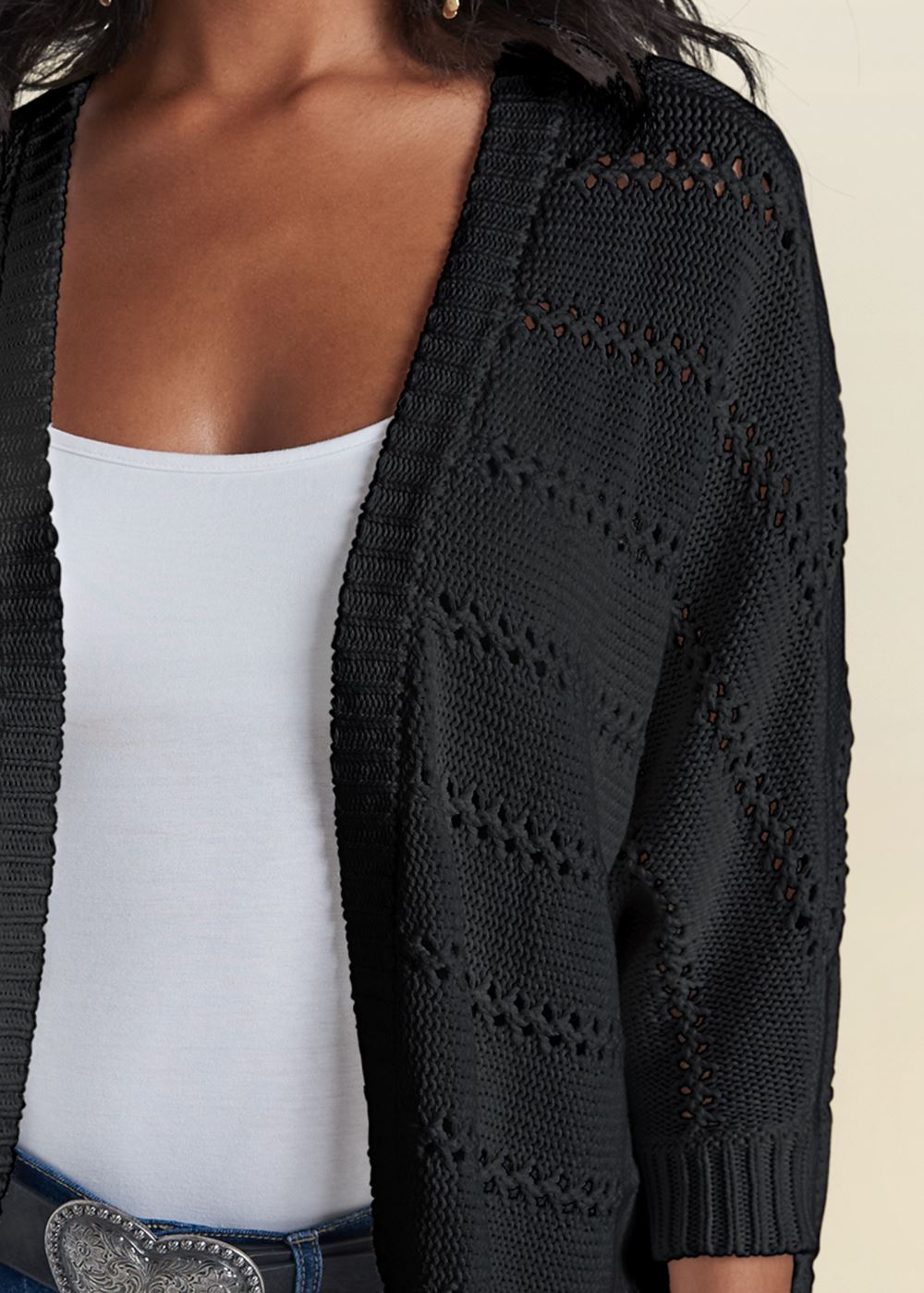 Venus Plus Size Pointelle Stitch Cocoon Cardigan in Black
