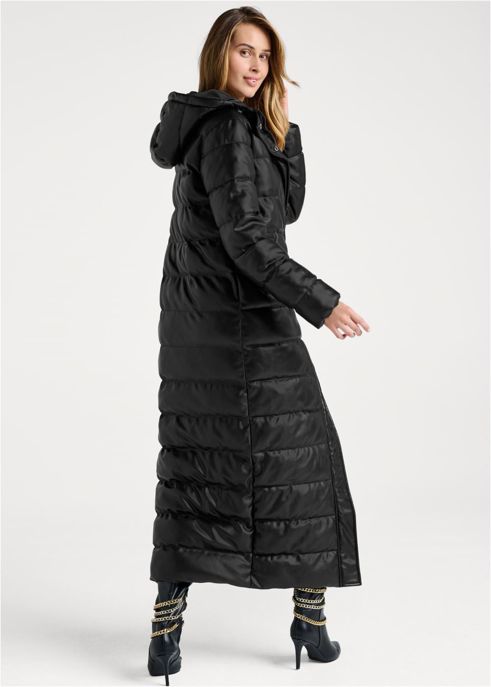 Venus Faux Leather Puffer Trench Coat in Black