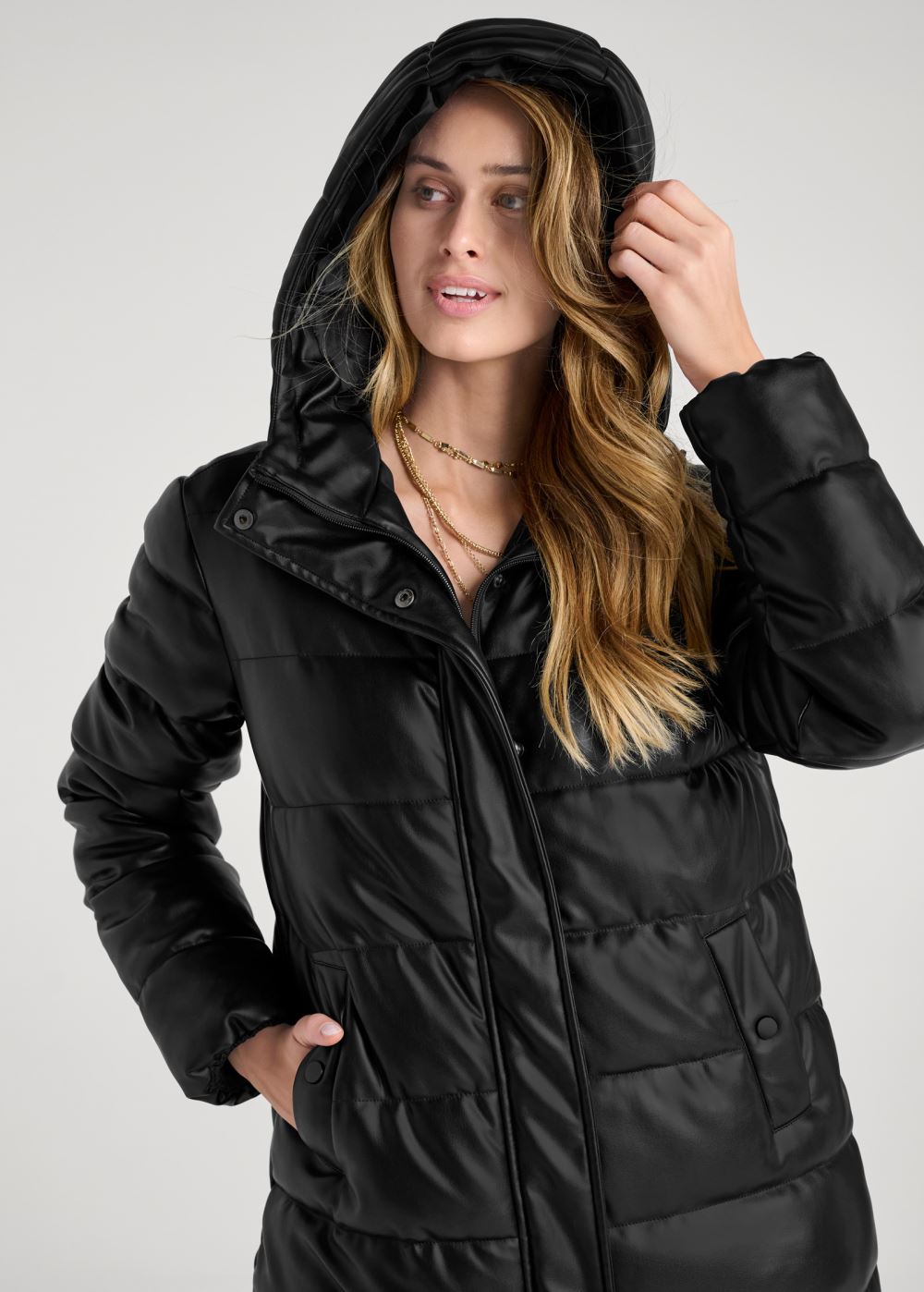 Venus Faux Leather Puffer Trench Coat in Black