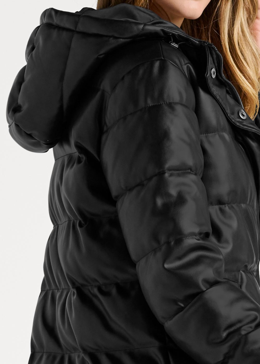 Venus Faux Leather Puffer Trench Coat in Black