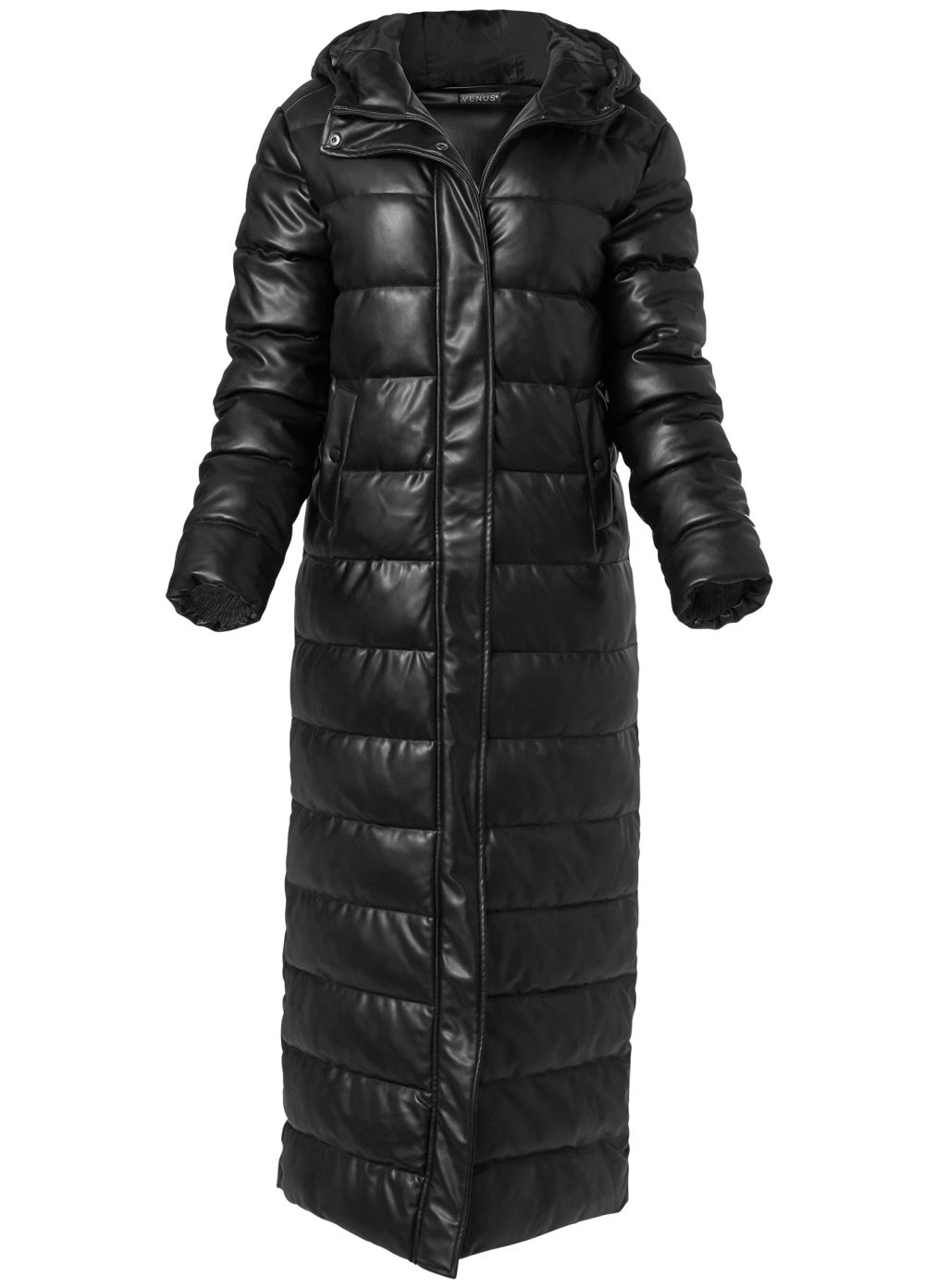 Venus Faux Leather Puffer Trench Coat in Black