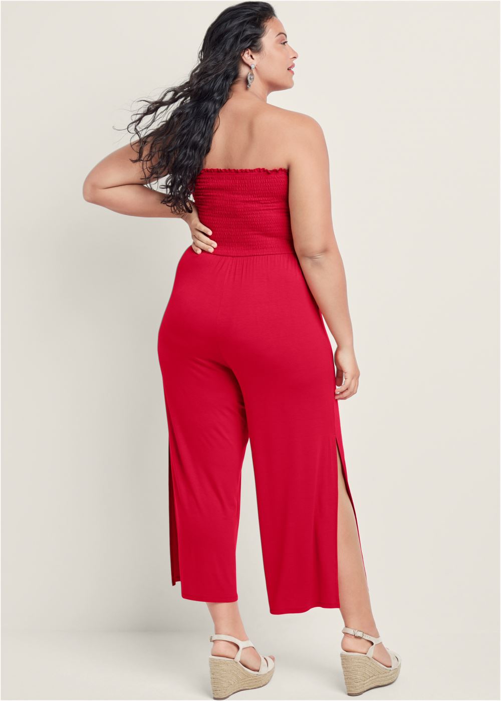 Venus Red SMOCKED TIE-FRONT JUMPSUIT