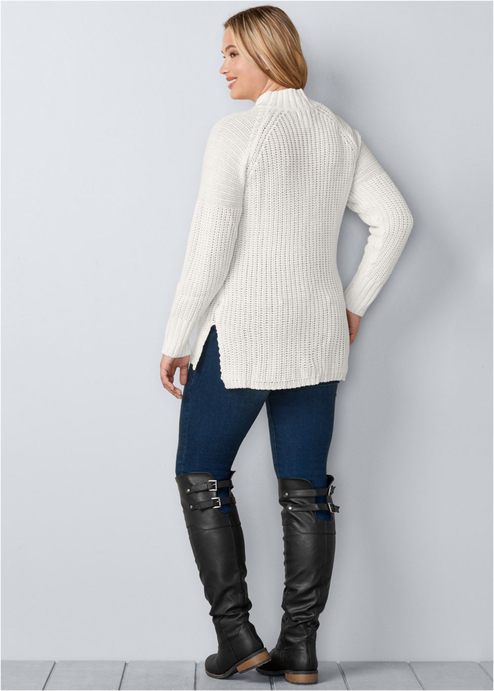 Venus Plus Size Mock-Neck Ribbed Sweater in Off White
