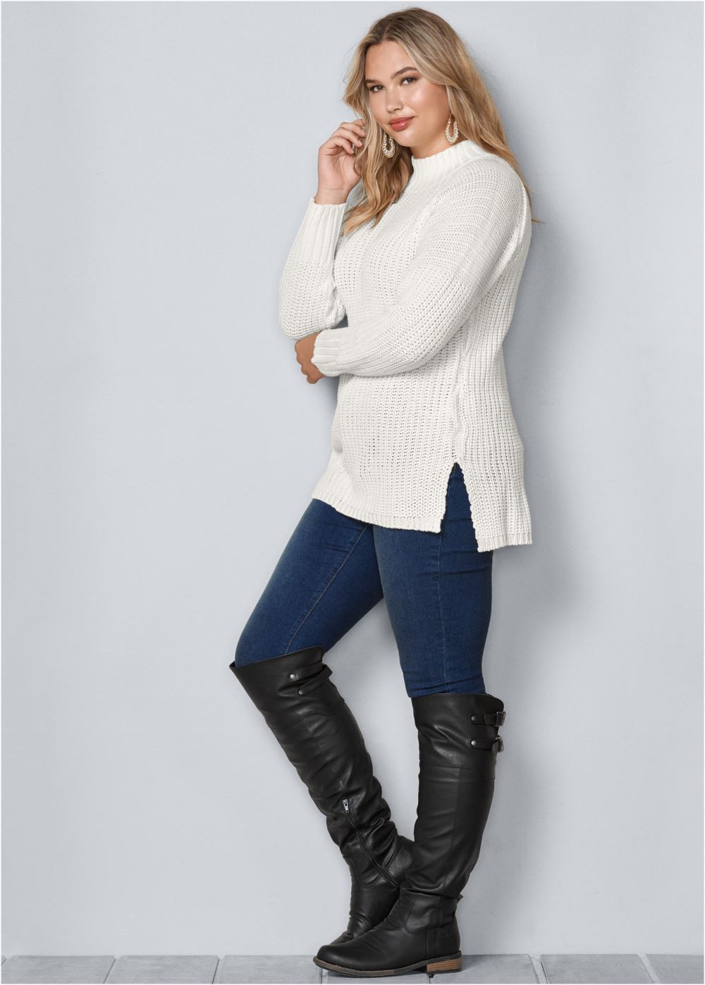 Venus Plus Size Mock-Neck Ribbed Sweater in Off White