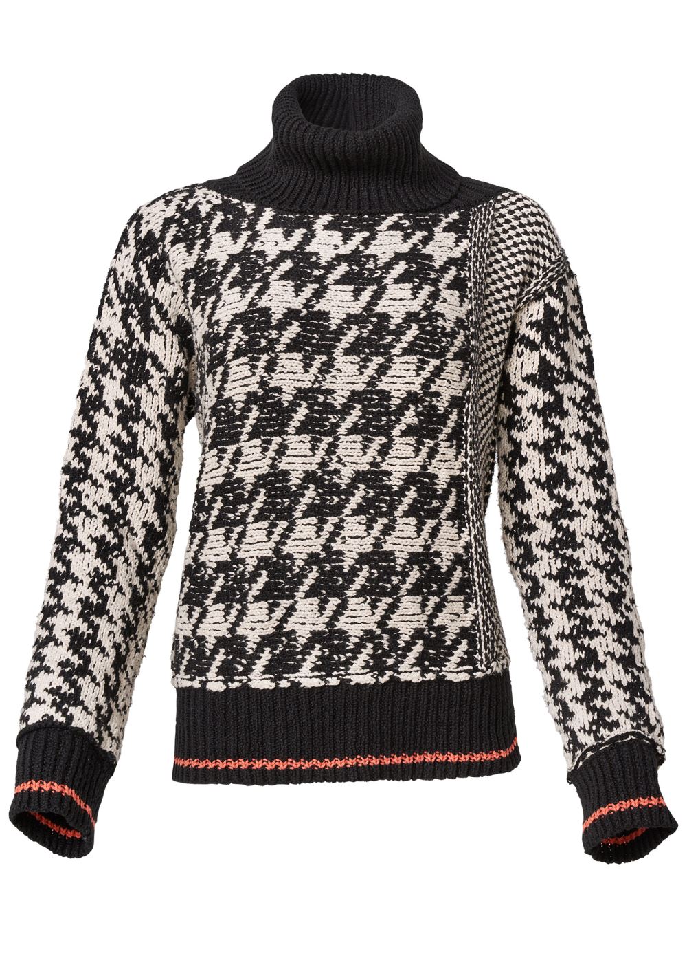 Venus Plus Size Chunky Knit Houndstooth Turtleneck Sweater in Black Multi