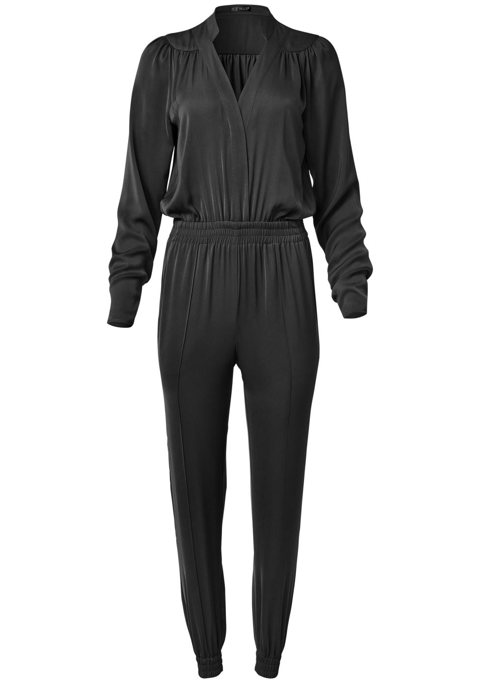 Venus Plus Size Smocked Jogger Jumpsuit in Black
