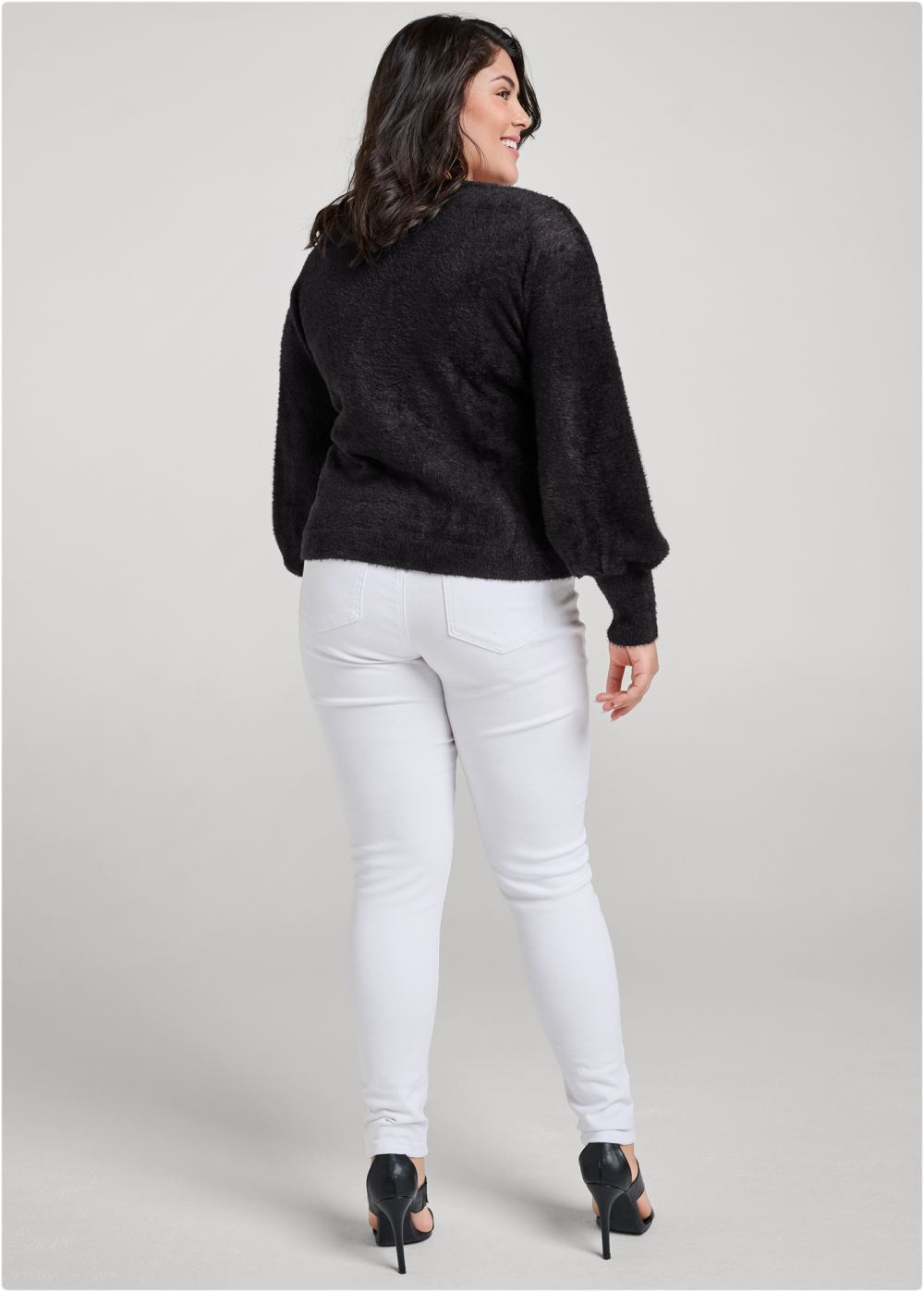Venus Plus Size Jeweled Feather-Soft Sweater in Black Multi