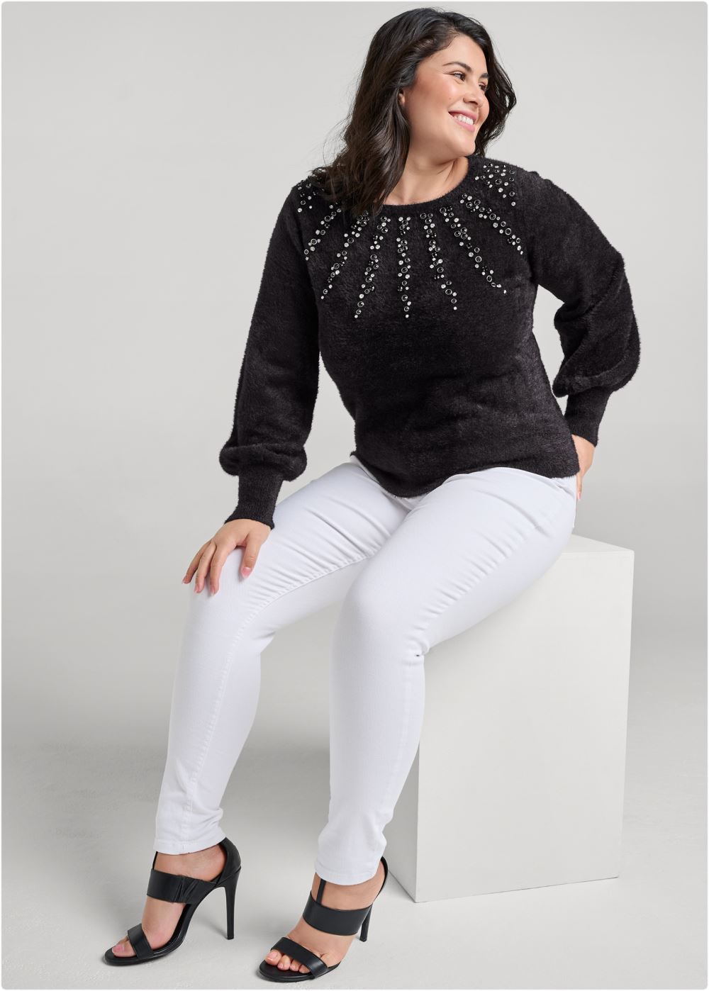 Venus Plus Size Jeweled Feather-Soft Sweater in Black Multi