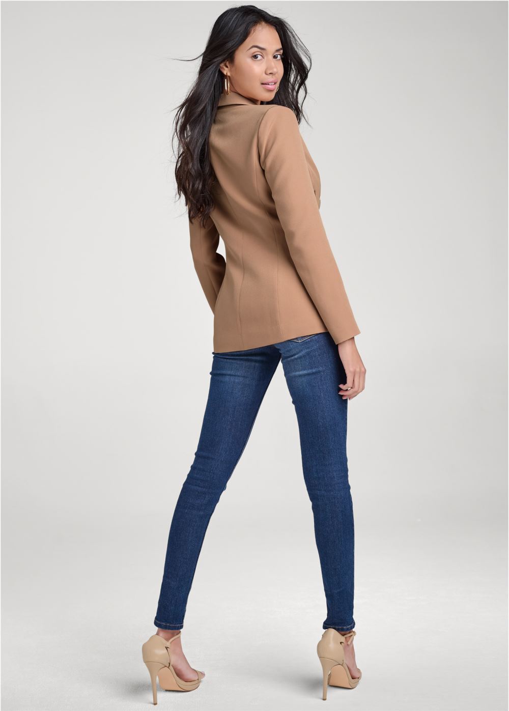 Venus Zipper Detail Buttoned Blazer in Camel