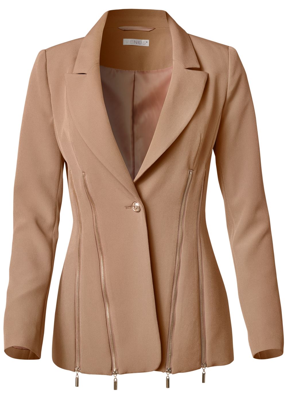 Venus Zipper Detail Buttoned Blazer in Camel