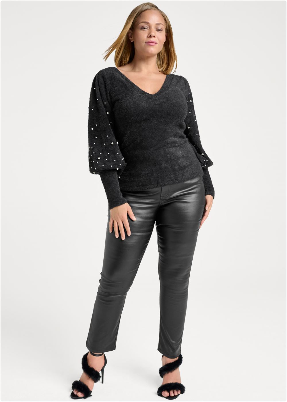 Venus Plus Size Pearl Puff Sleeve Sweater in Black