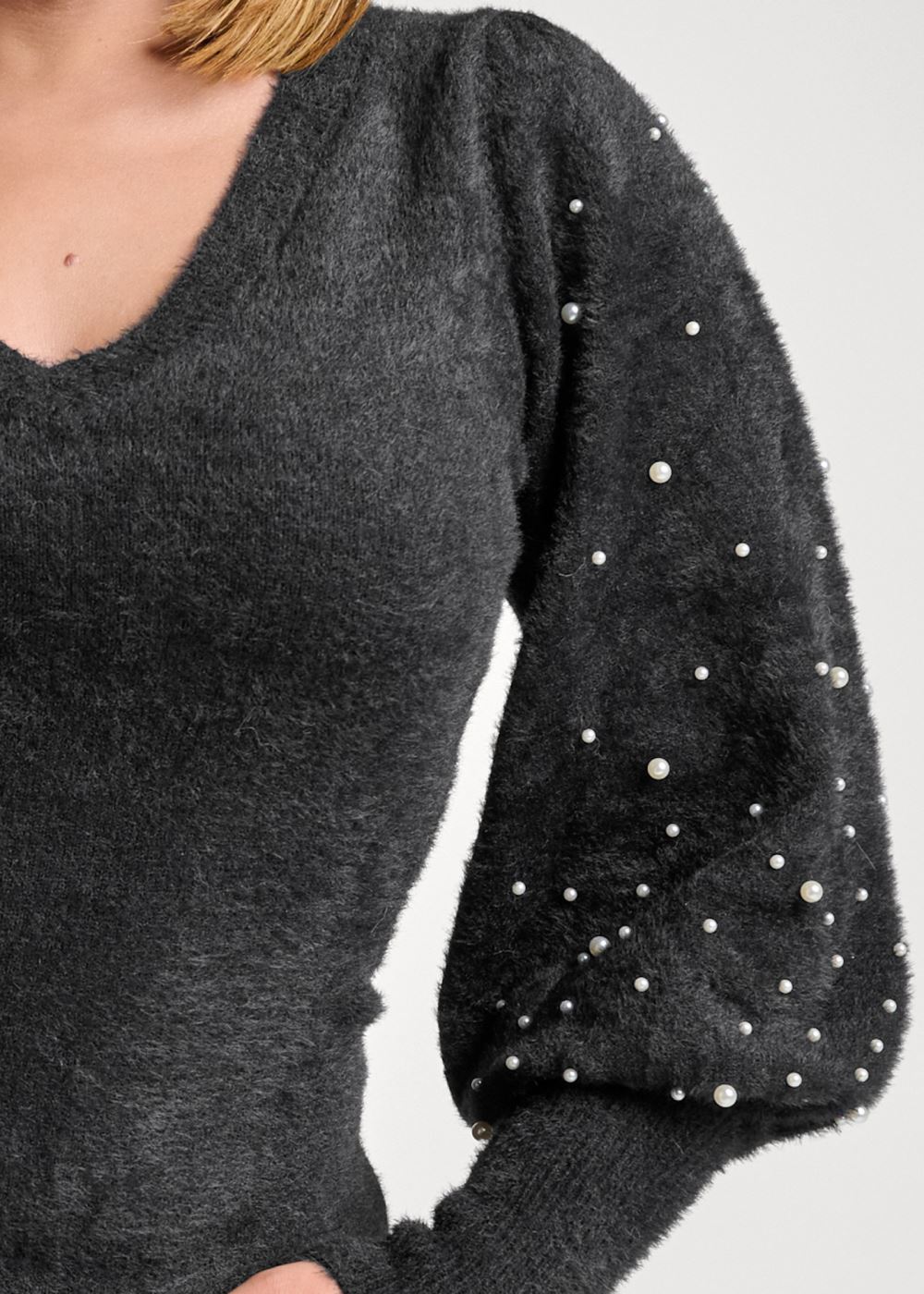Venus Plus Size Pearl Puff Sleeve Sweater in Black