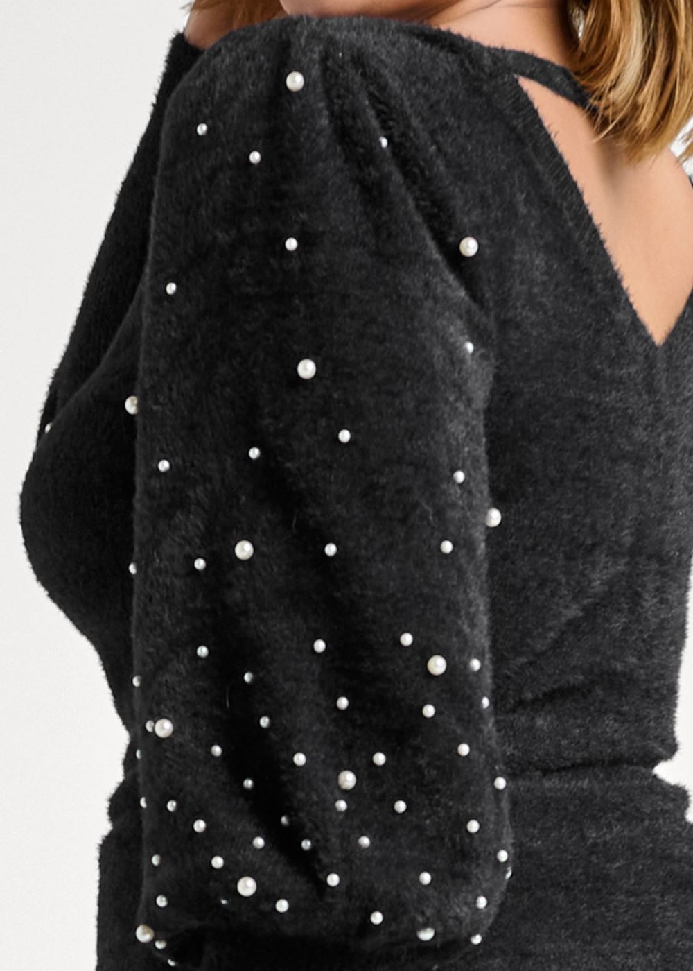 Venus Plus Size Pearl Puff Sleeve Sweater in Black