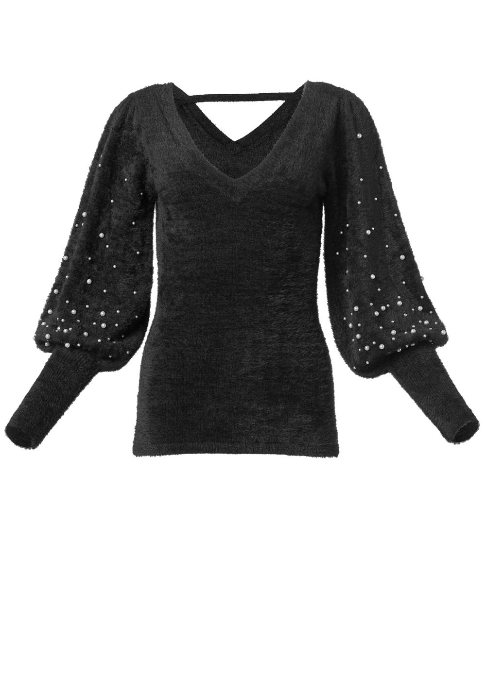 Venus Plus Size Pearl Puff Sleeve Sweater in Black