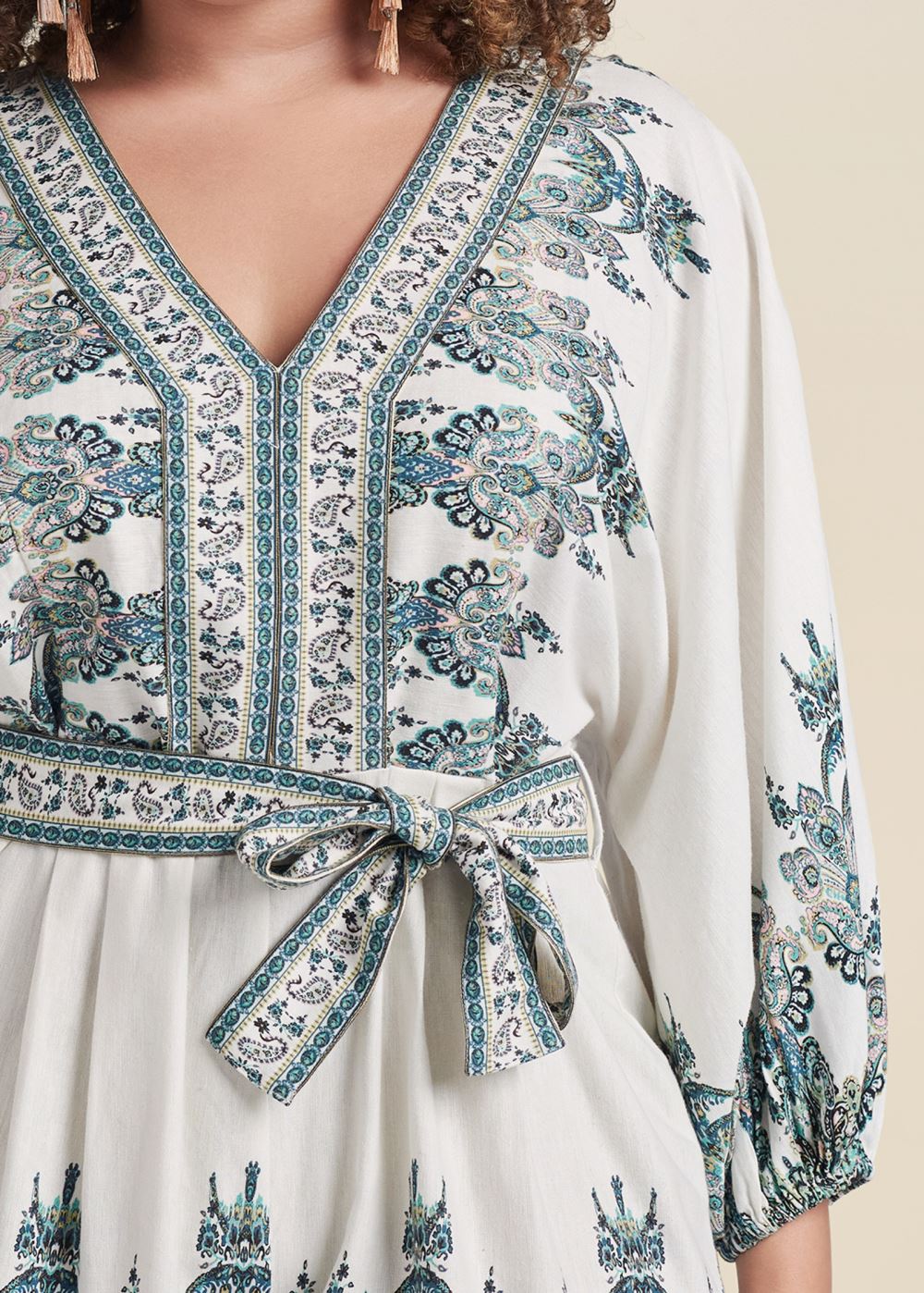 Venus Plus Size Paisley Print Linen Romper in White Multi