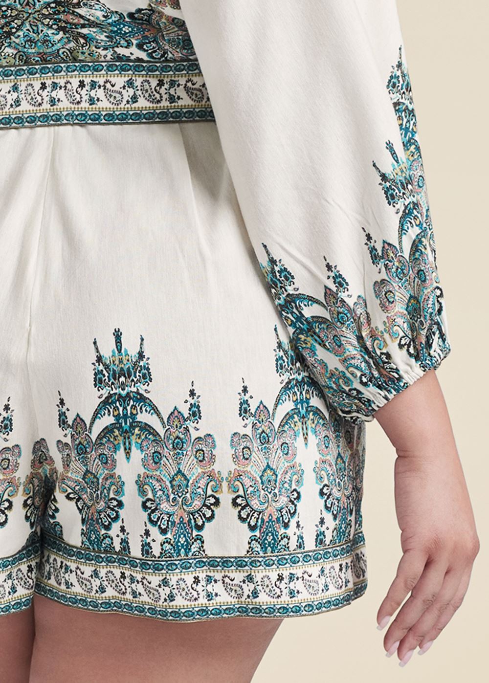 Venus Plus Size Paisley Print Linen Romper in White Multi