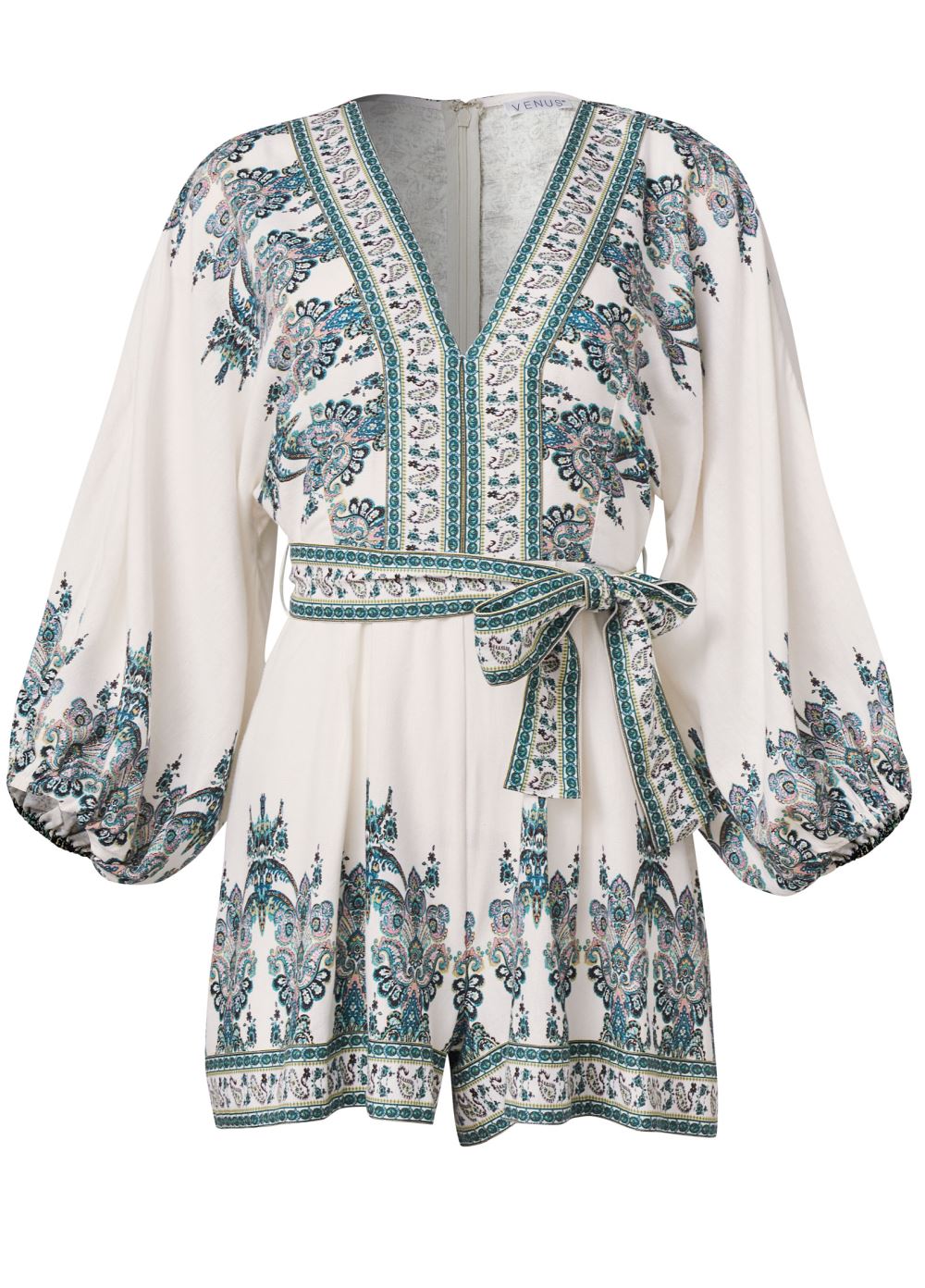 Venus Plus Size Paisley Print Linen Romper in White Multi