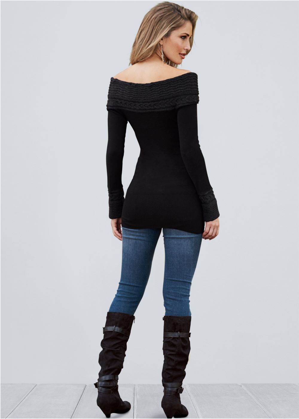 Venus Plus Size Cable Detail Tunic Sweater in Black