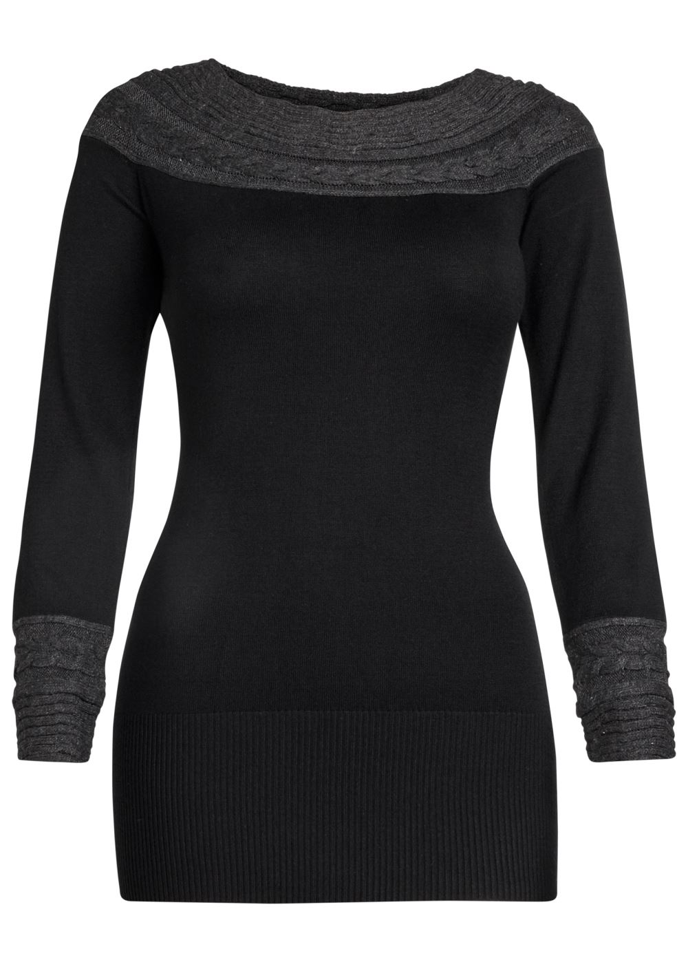 Venus Plus Size Cable Detail Tunic Sweater in Black