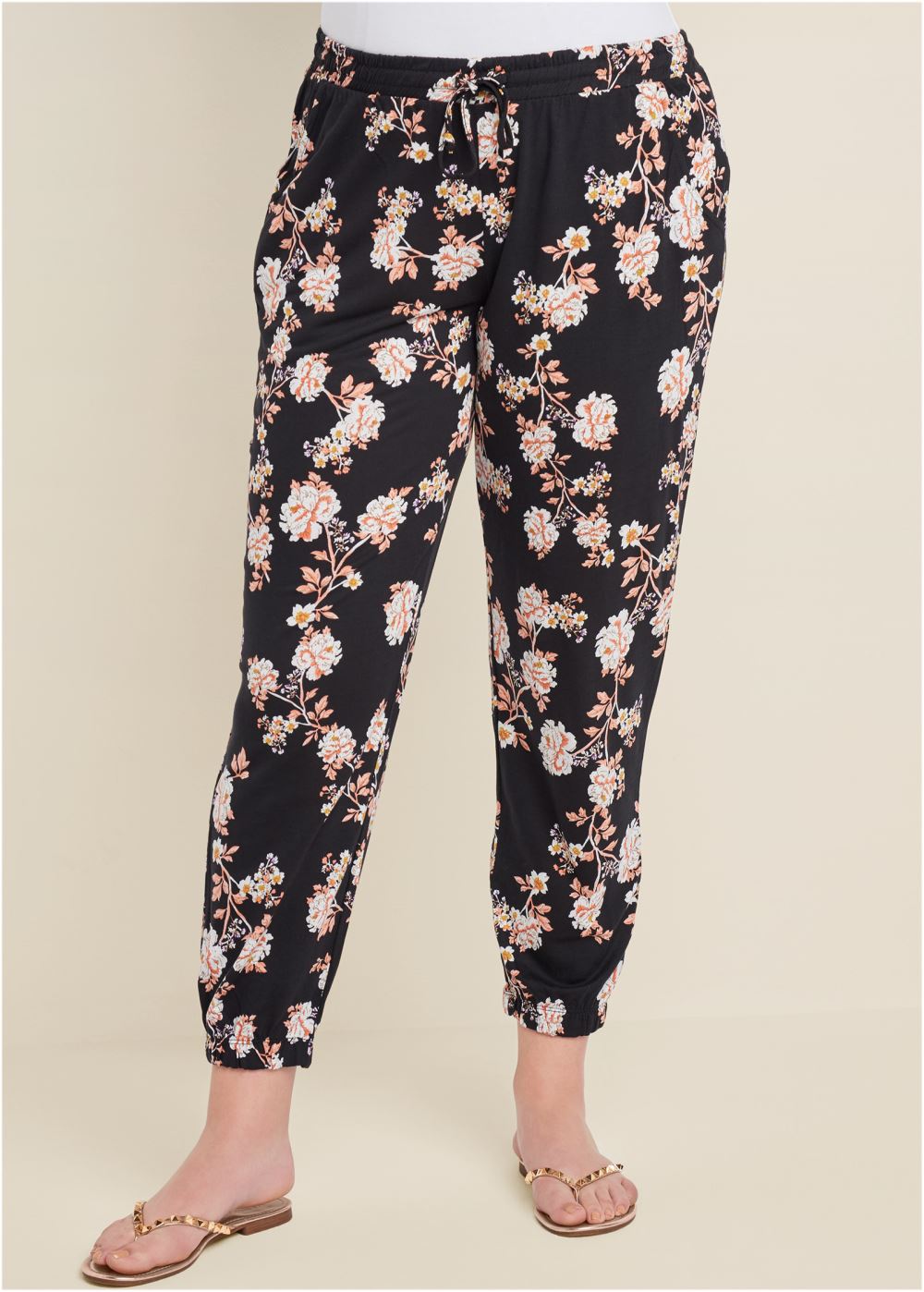 Venus Plus Size Floral Printed Pants in Black