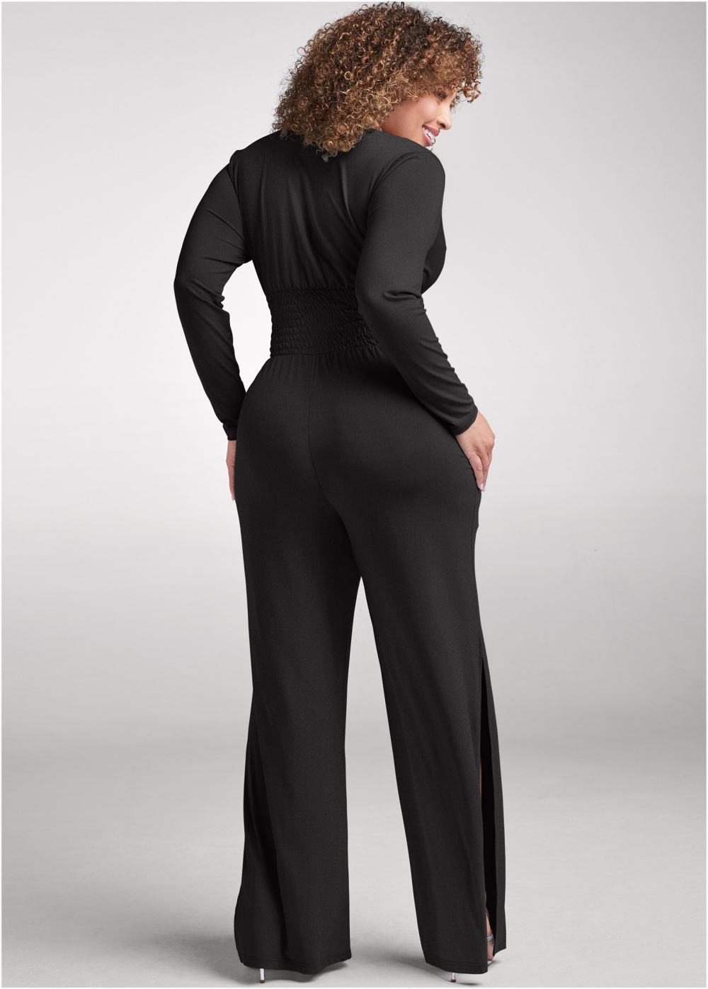 Venus Plus Size Smocked Waist Jumpsuit in Black