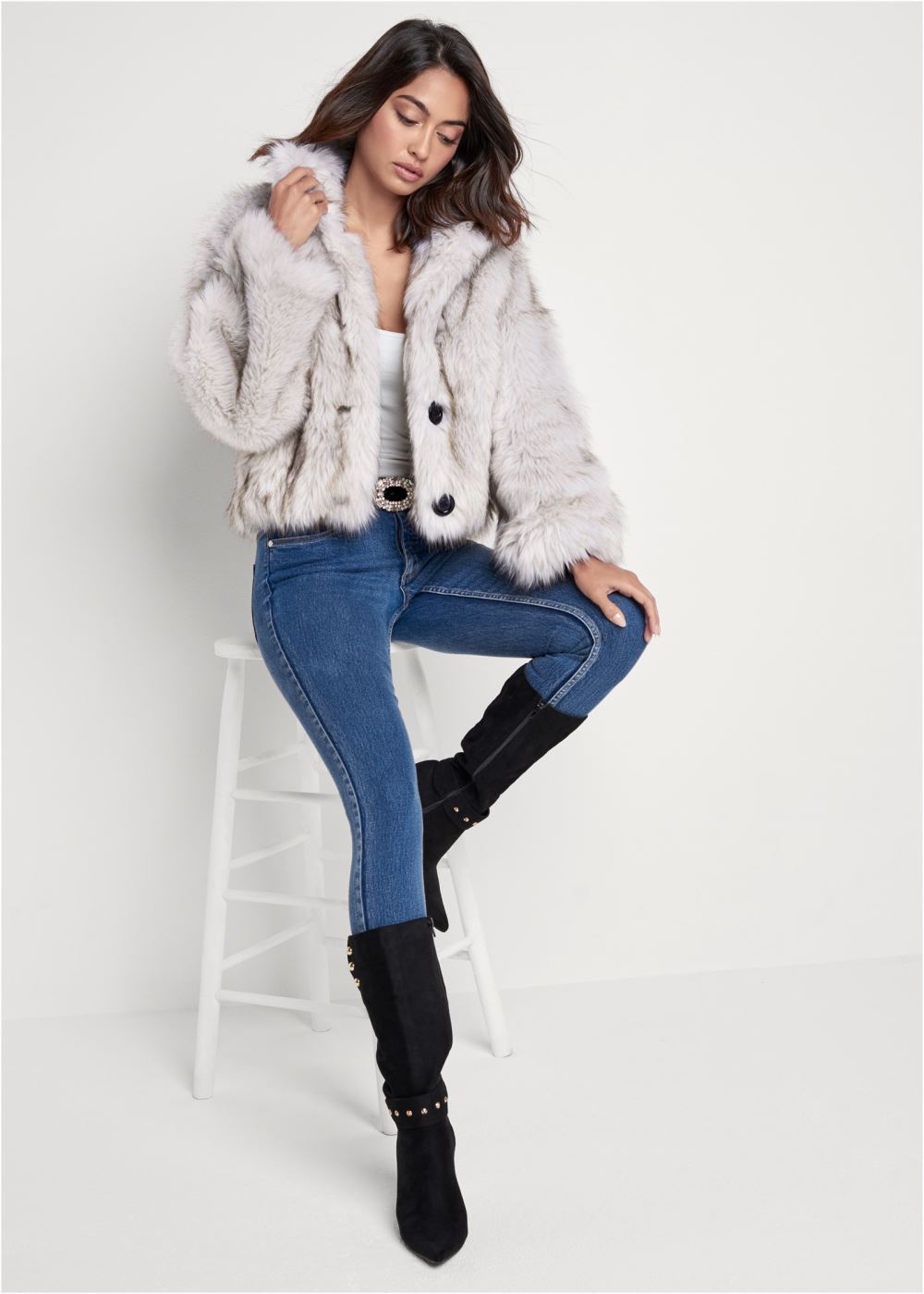 Venus Faux-Fur Button Coat in White