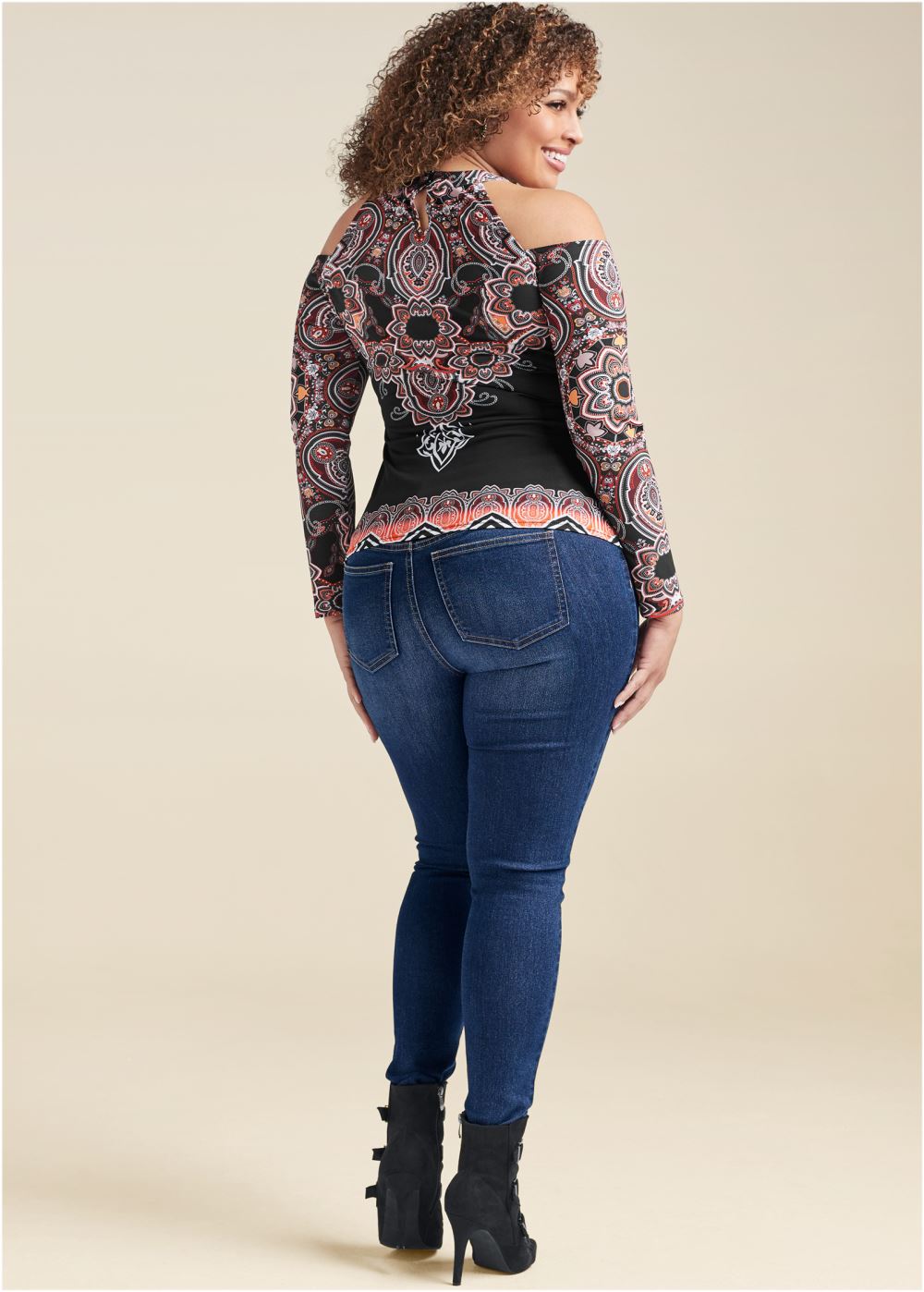 Venus Black Multi Paisley cold-shoulder top