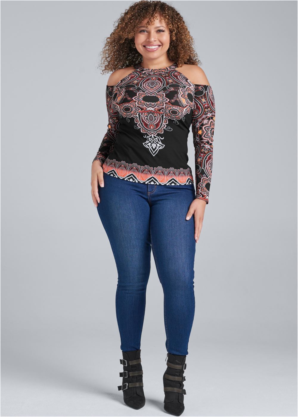 Venus Black Multi Paisley cold-shoulder top