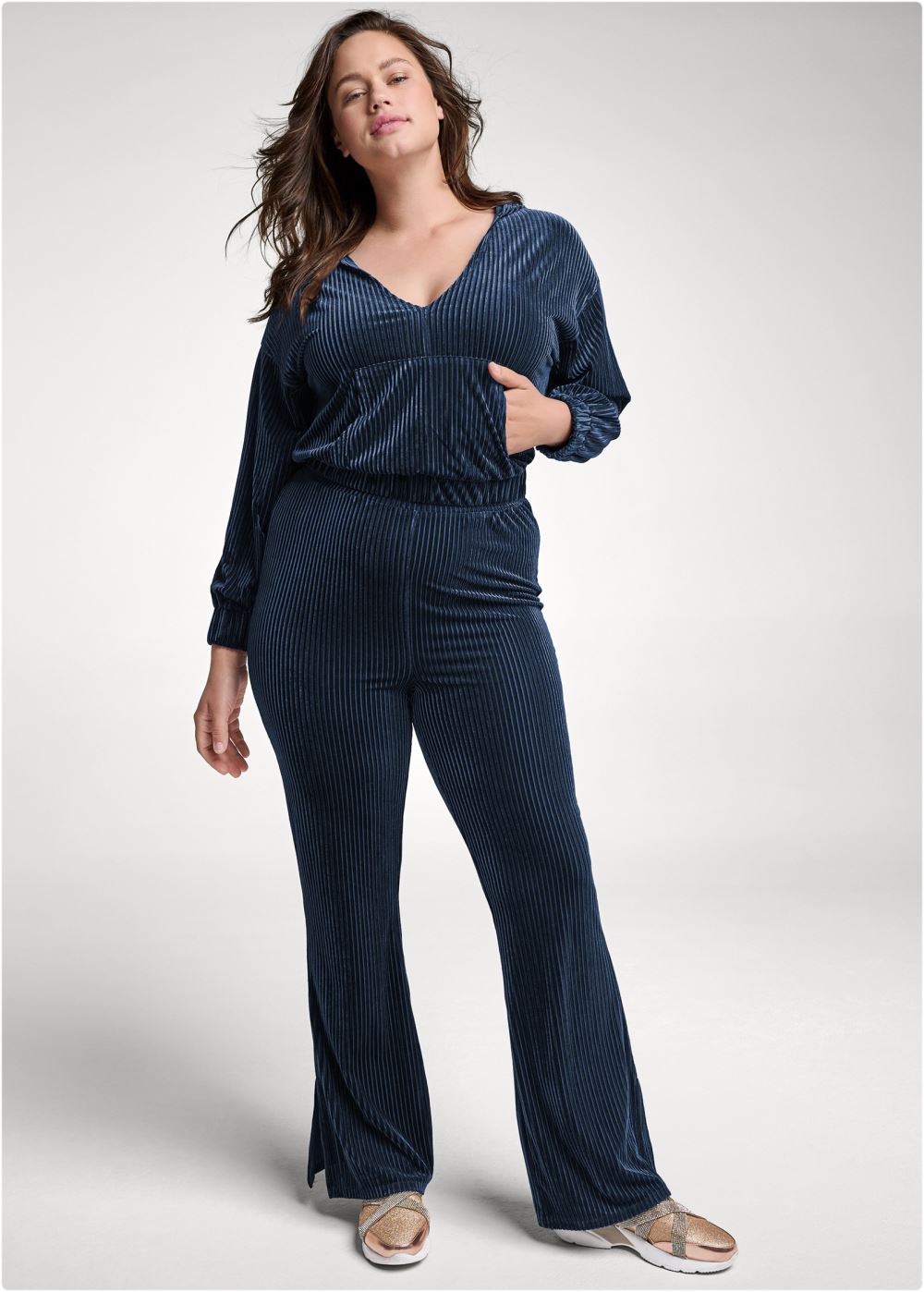 Venus Plus Size Ribbed Velvet Pant Set in Navy