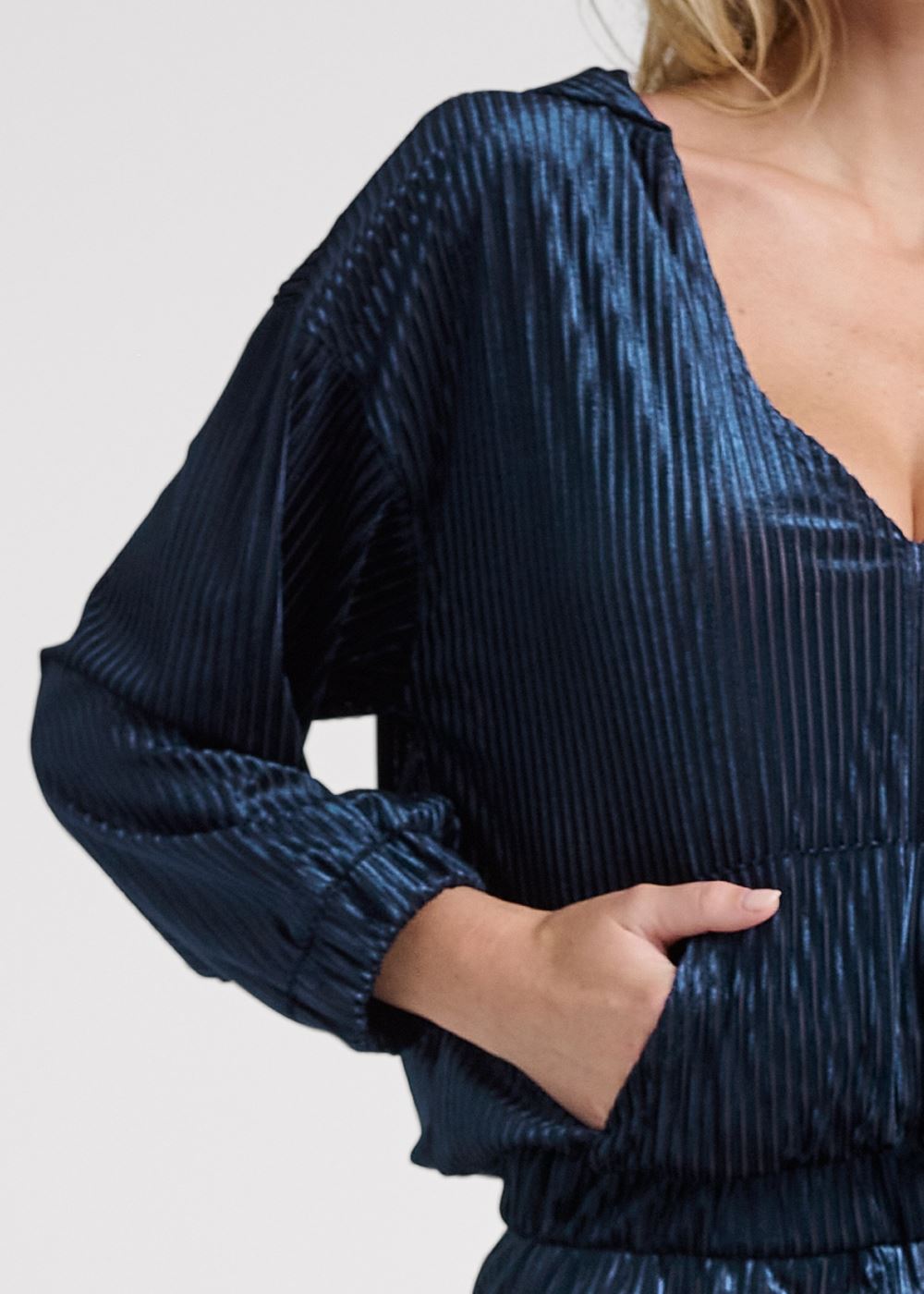 Venus Plus Size Ribbed Velvet Pant Set in Navy