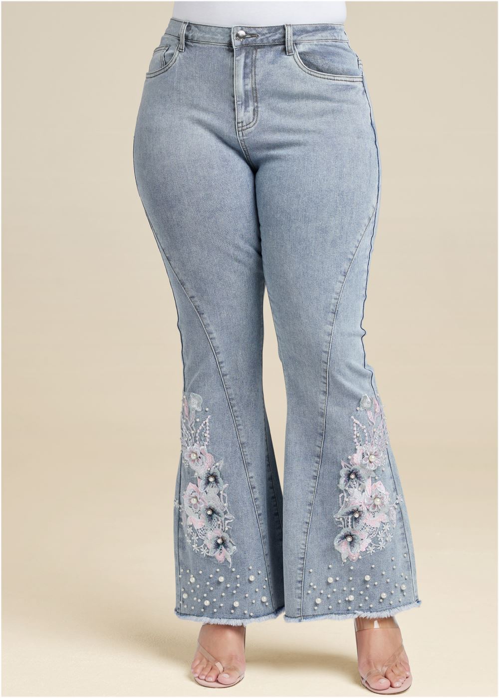 Venus Light Wash FLORAL APPLIQUE WIDE LEG JEANS